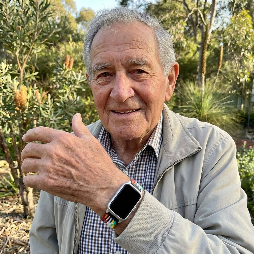 Older adult wearing a medical alert watch